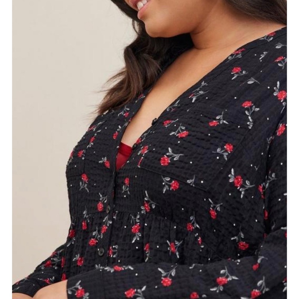 Torrid Black Rose Floral Polka Dot Babydoll Tunic Top Button Front Plus Size 0 L